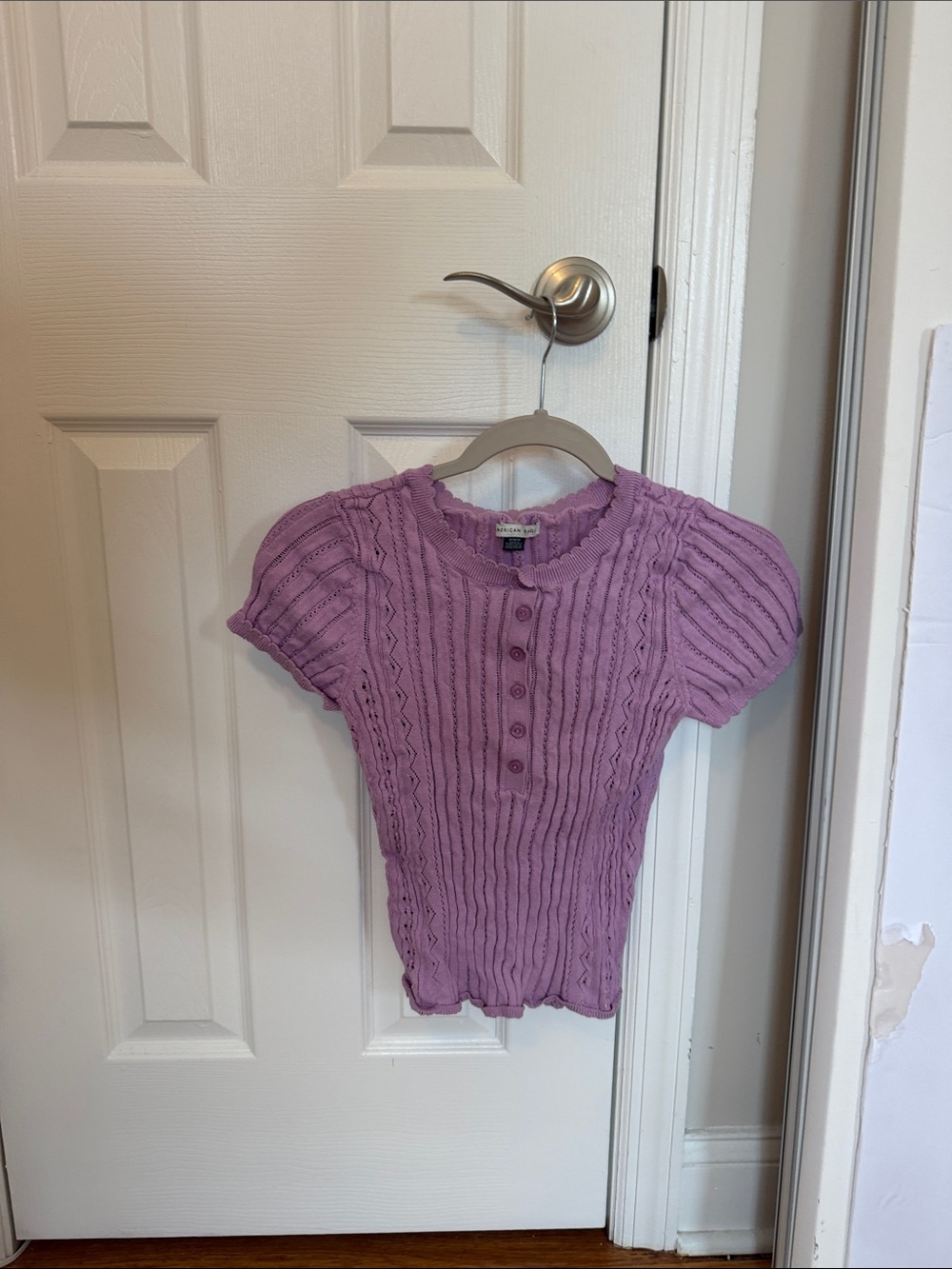 Lavender Knit Ribbed Button Short Sleeve Top